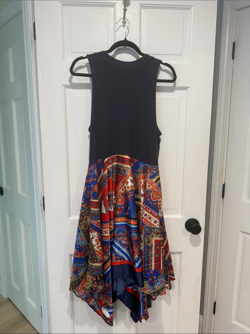 Venus Asymmetrical Navy Dress with Red & Blue Scarf Skirt